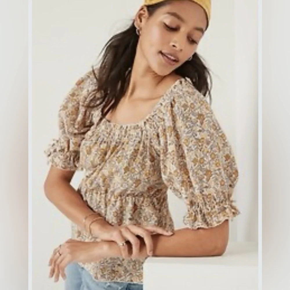 OLD NAVY Peasant Smocked Puff-Sleeve Peplum Blouse Multi Ditsy Orange/Cream L